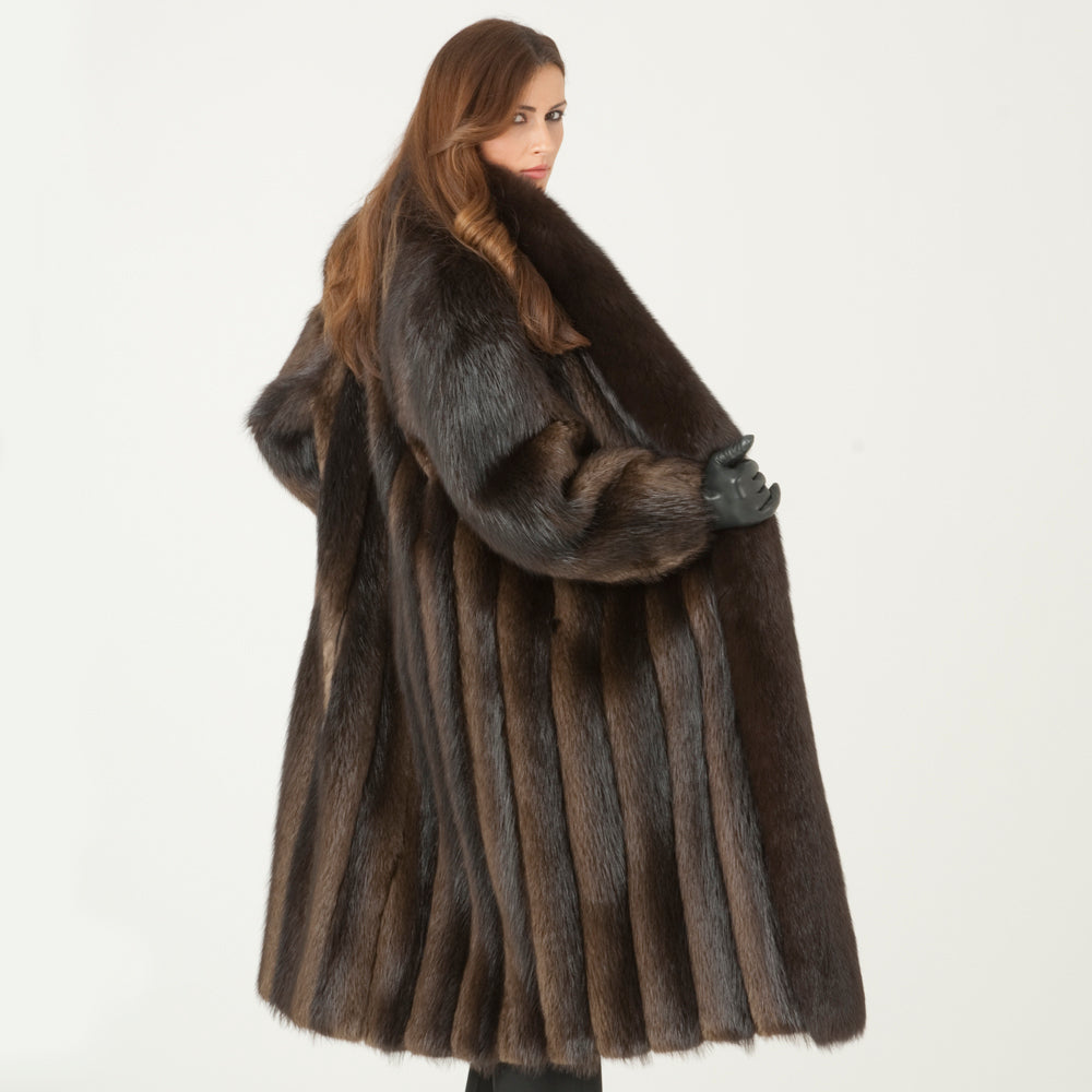 Vintage Natural Brown Long Hair Beaver Fur Coat with Fox Fur Trim