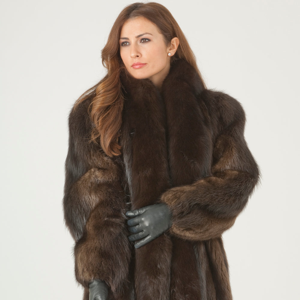 Vintage Natural Brown Long Hair Beaver Fur Coat with Fox Fur Trim